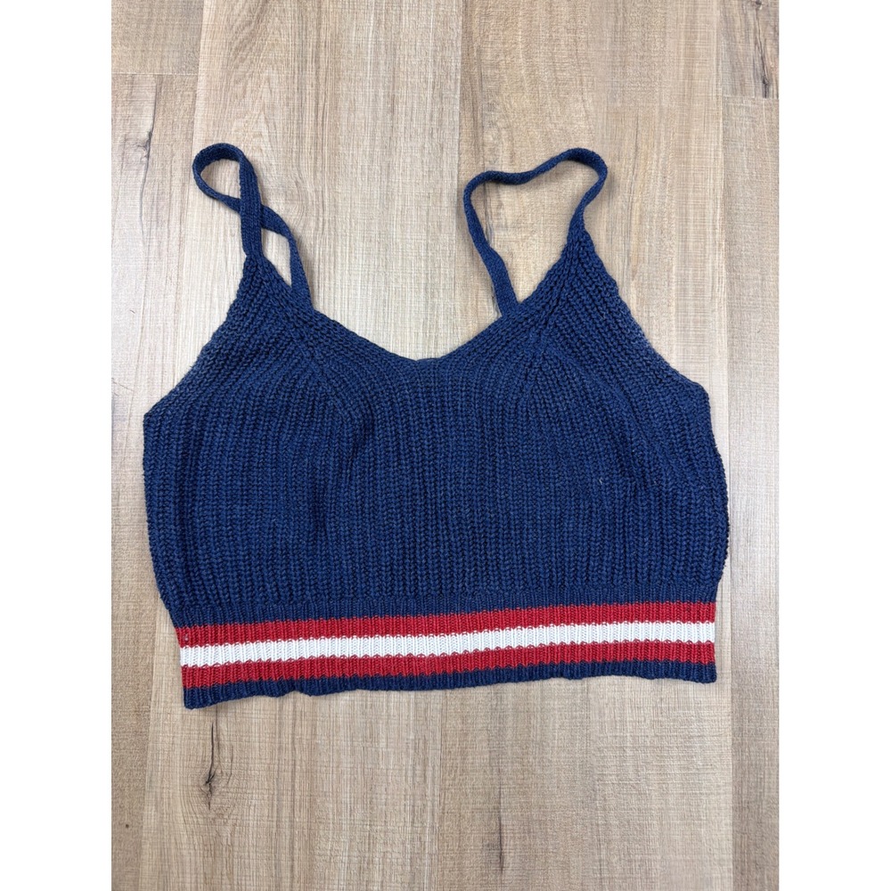 American Eagle Navy Blue Knit Crop Top Striped Hem V-Neck Camisole‎ Small